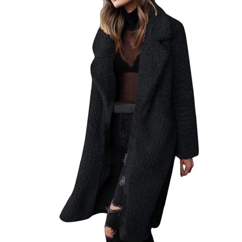 Oversized black teddy lapel coat